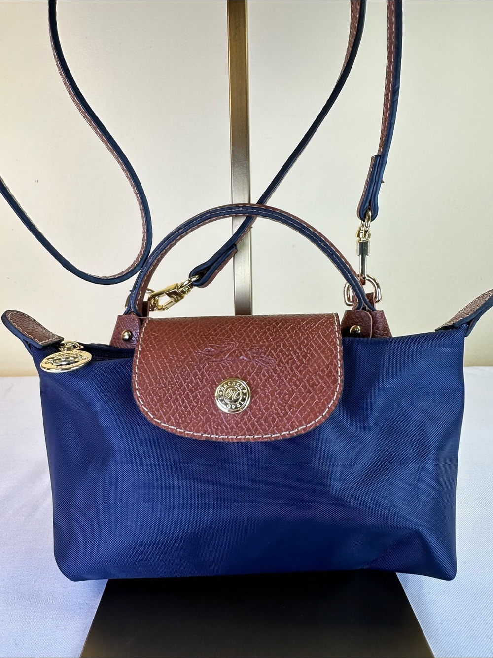 Longchamp Le Pliage Mini Pouch blue nylon & Leather Crossbody NWOT